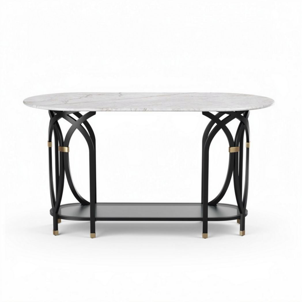 Tavolo ovale in marmo bianco con struttura in metallo nero 150 x 70 x 75cm