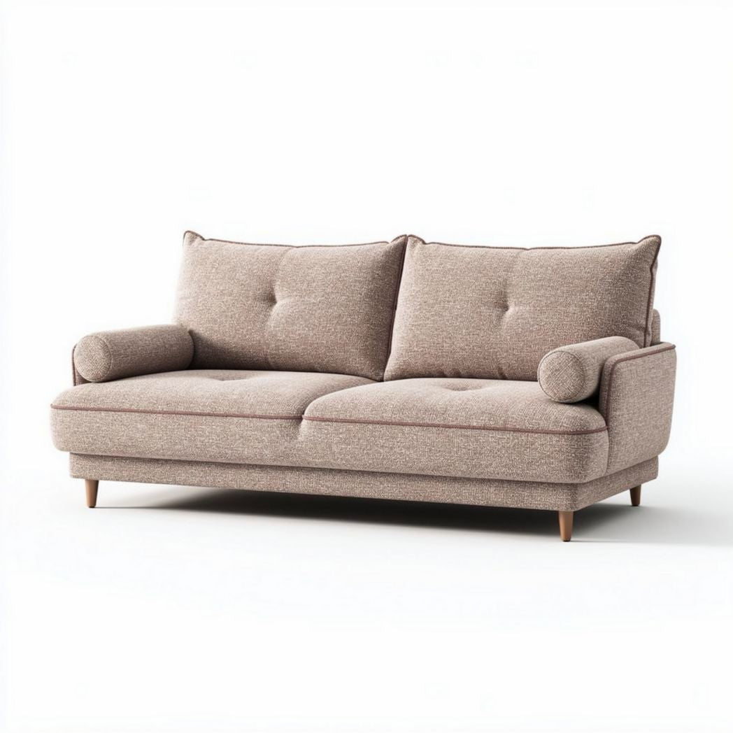 Divano moderno in tessuto beige 200 x 85 x 85cm con braccioli e cuscini decorativi