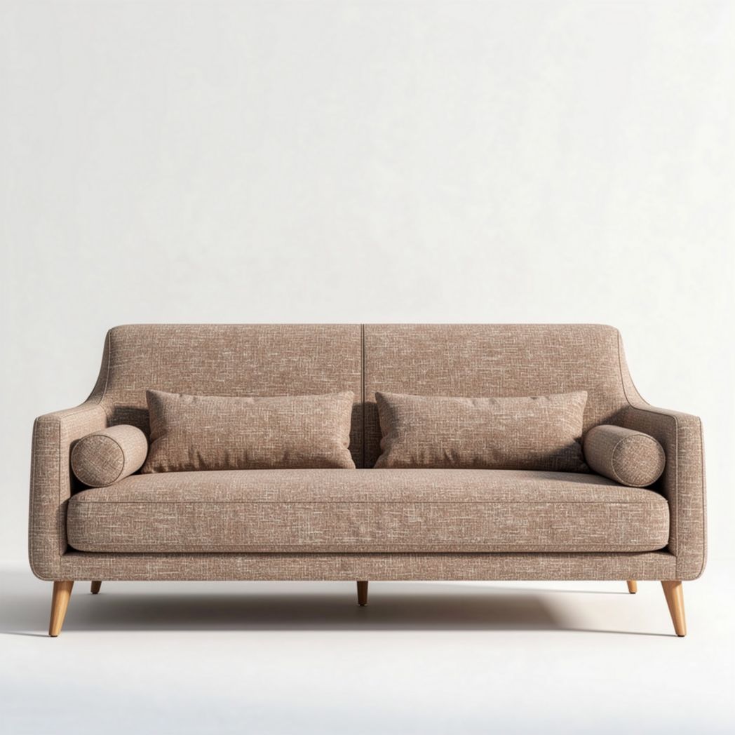 Divano moderno in tessuto beige con cuscini e struttura in legno 200 x 90 x 85cm