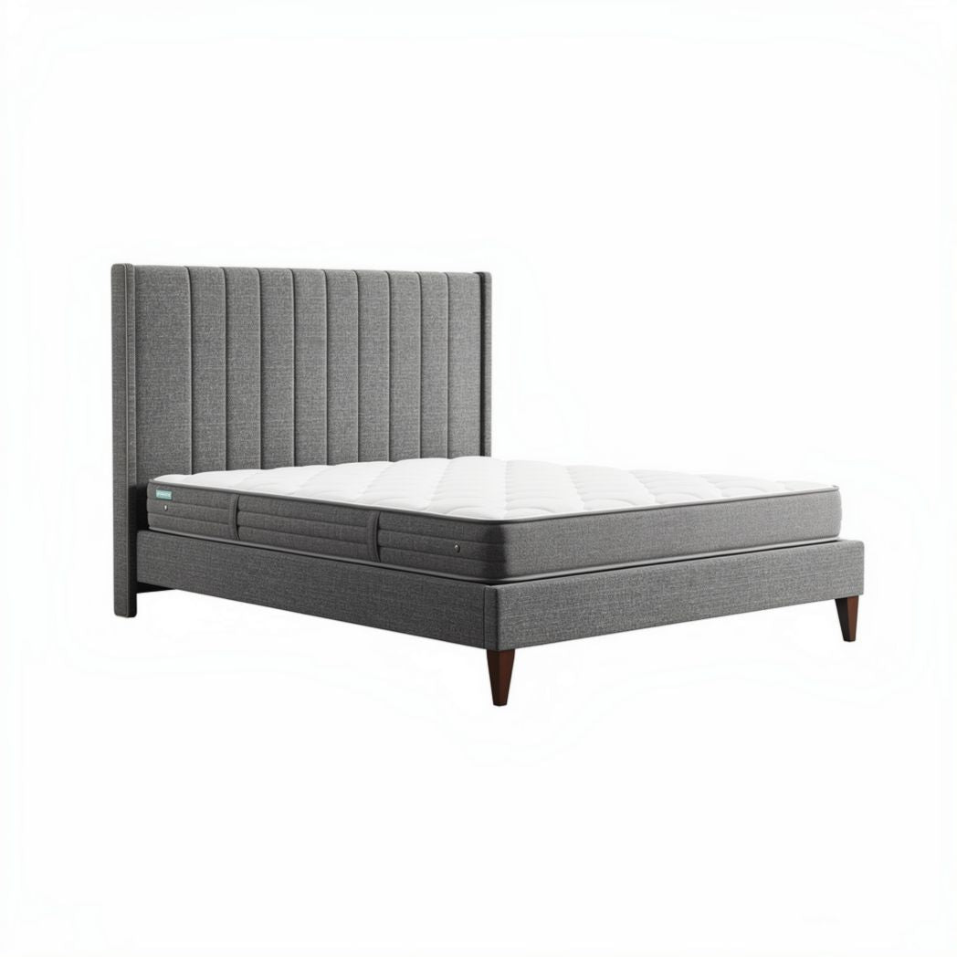 Letto matrimoniale con testiera imbottita in tessuto grigio 198 x 155 x 100cm