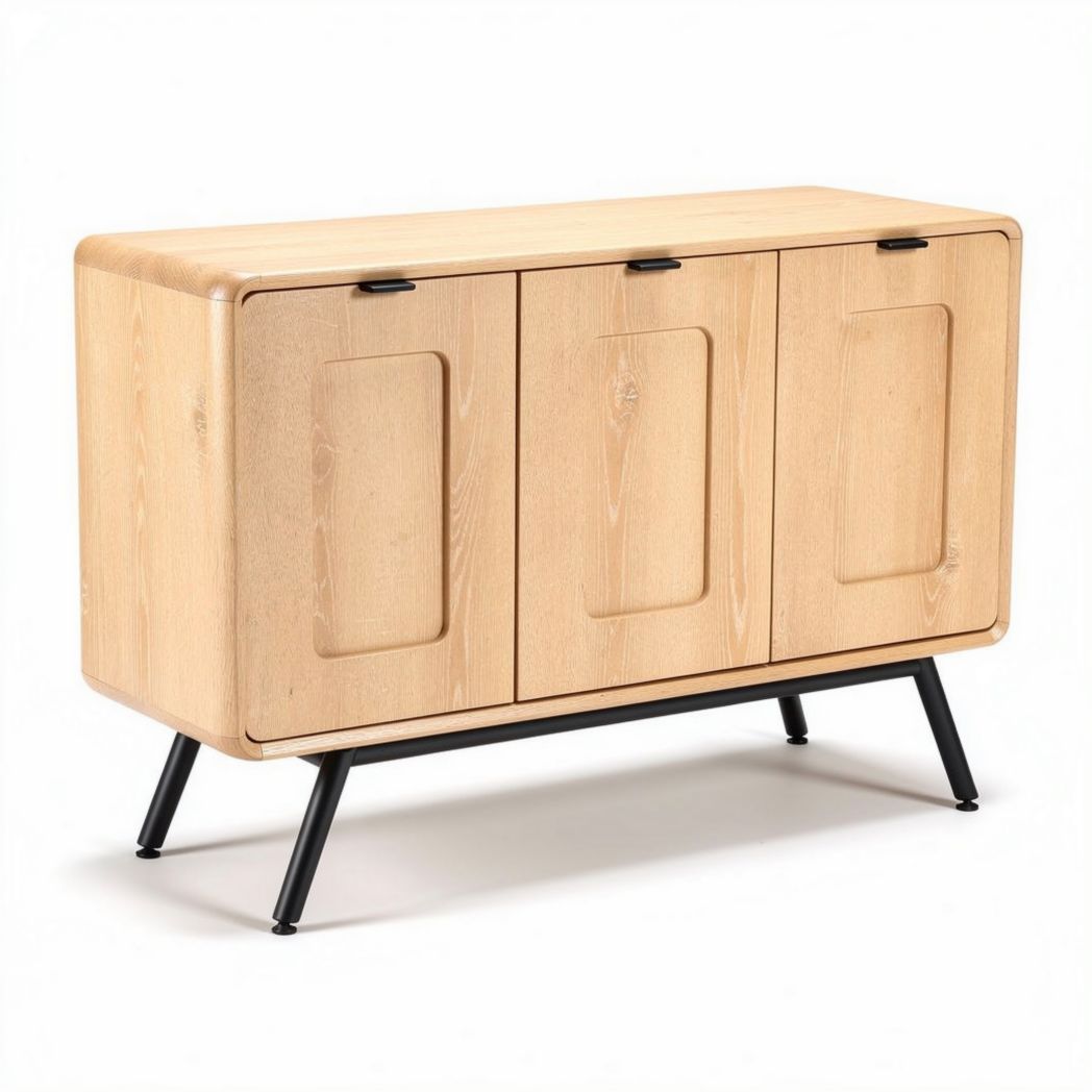 Mobiletto in legno di pino con tre porte e gambe in metallo 120 x 40 x 80 cm